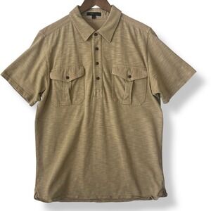 Frye Men L Slub Knit Utility Polo Shirt Tan Military 100% Cotton Two Pocket